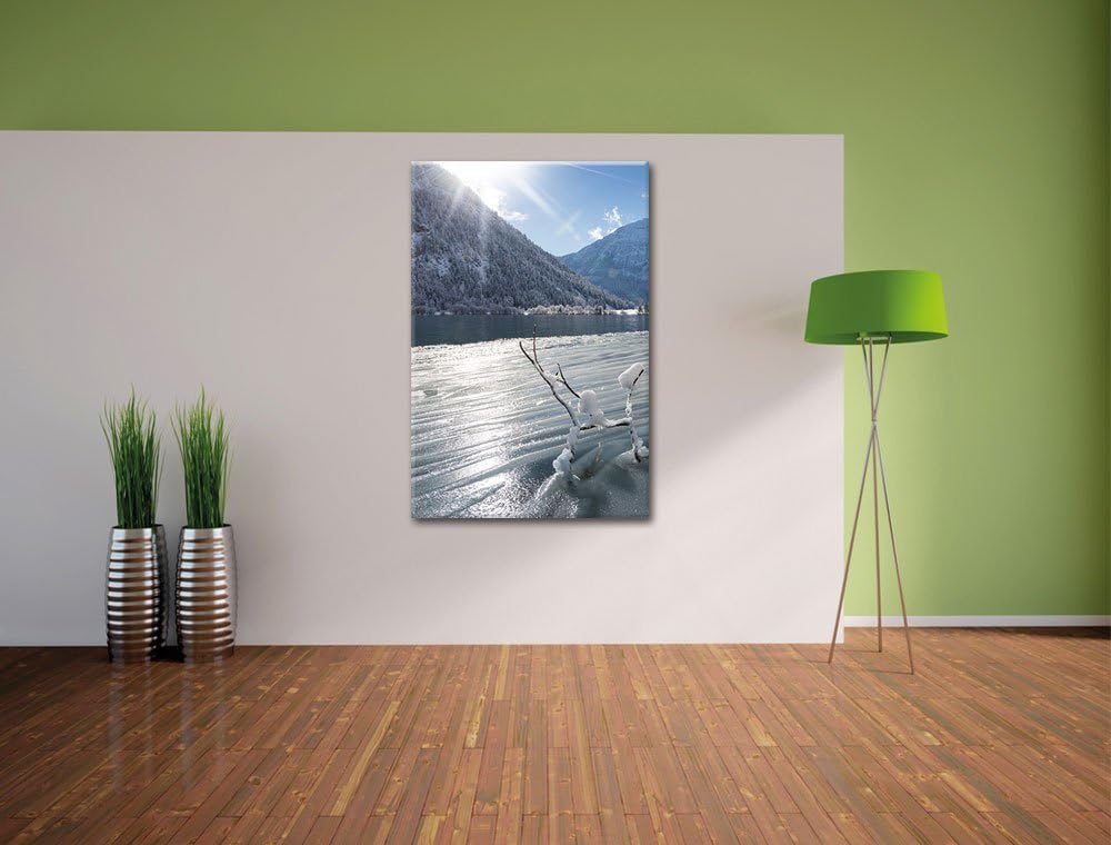 Winterlandschaft See, Format: 100x70 auf Leinwand, XXL riesige Bilder fertig gerahmt mit Keilrahmen,