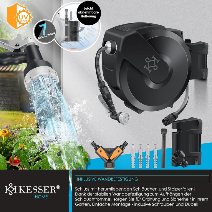 KESSER® Schlauchtrommel mit Gartenschlauch 35m | Wasserschlauchtrommel zur Wandmontage | Wandhalteru