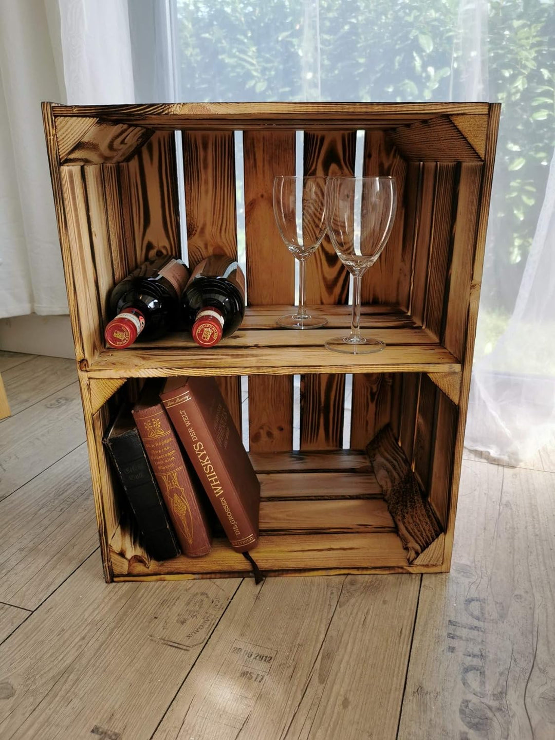 Teramico Massive Holzkisten als Schuhregal/Bücherregal LEICHT GEFLAMMT mit Zwischenbrett (verschraub