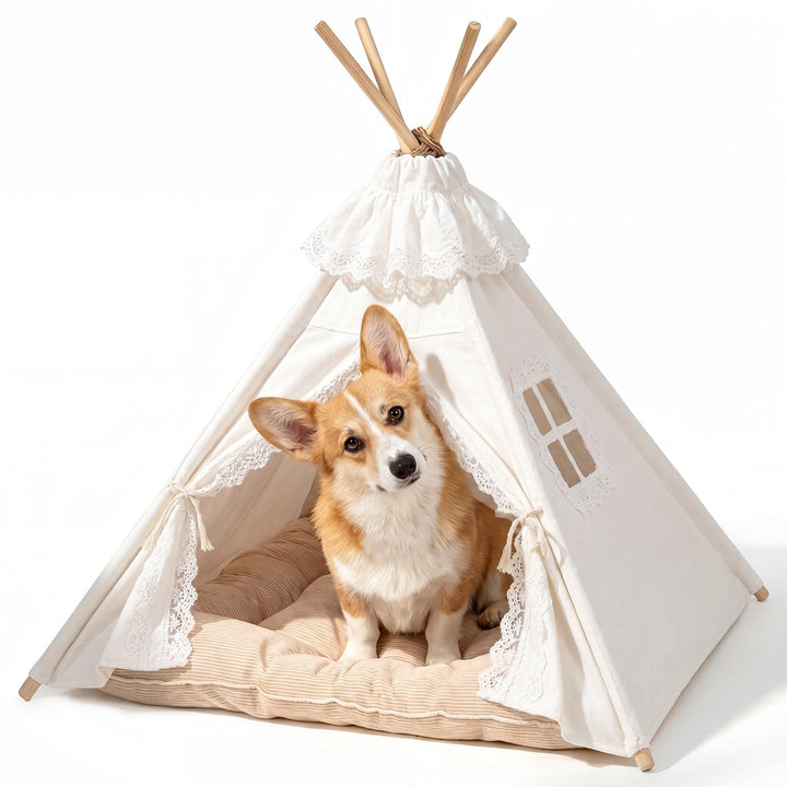 Tipi Zelt für Hunde und Katzen 40x40x50cm, 5-Eckiges Kiefernholz Haustierzelt mit Doppelseitigem Kis