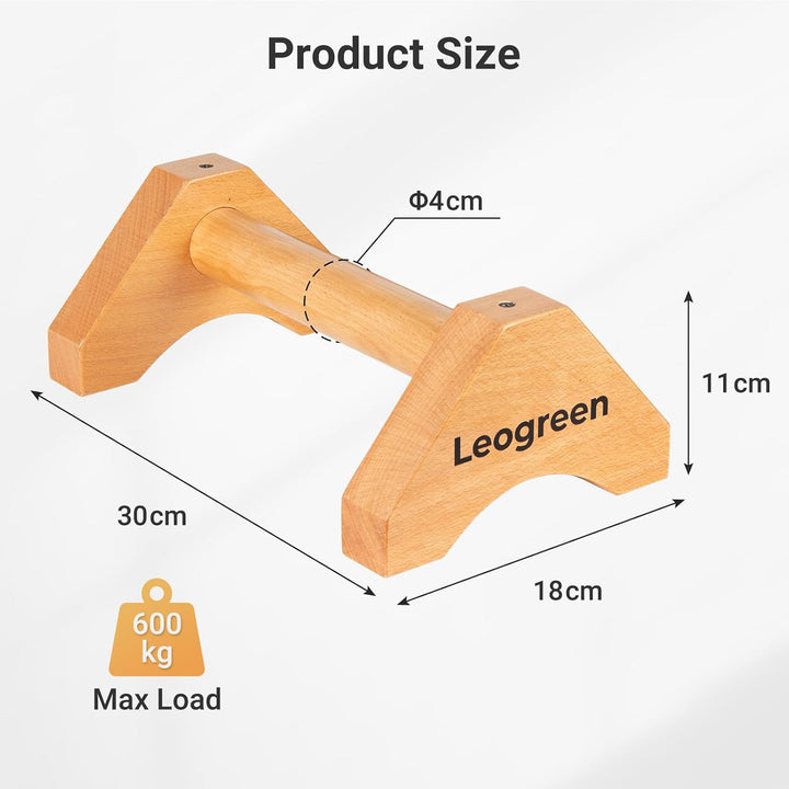 Leogreen Holz Liegestützgriffe, 2 Calisthenics Parallettes mit Antirutschmatte, Antirutschgurten und