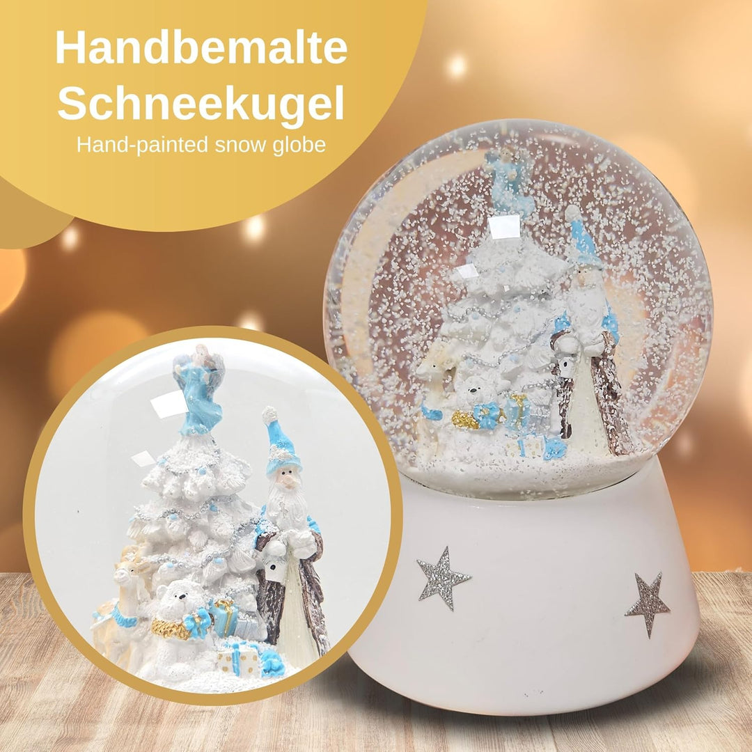 Schneekugel Weihnachten | Weihnachtsmann türkis Silber weiss | Sockel weiss gerade Sterne | H:16 cm