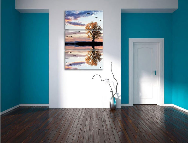 Pixxprint Baum spiegelt Sich im Wasser als Leinwandbild/Grösse: 3 Teilig (120x80) cm/Wandbild/Kunstd
