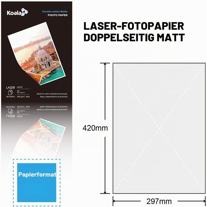 KOALA Fotopapier für Laserdrucker, Doppelseitig, Matt, A3, 250 g/m², 100 Blatt. Geeignet zum Drucken