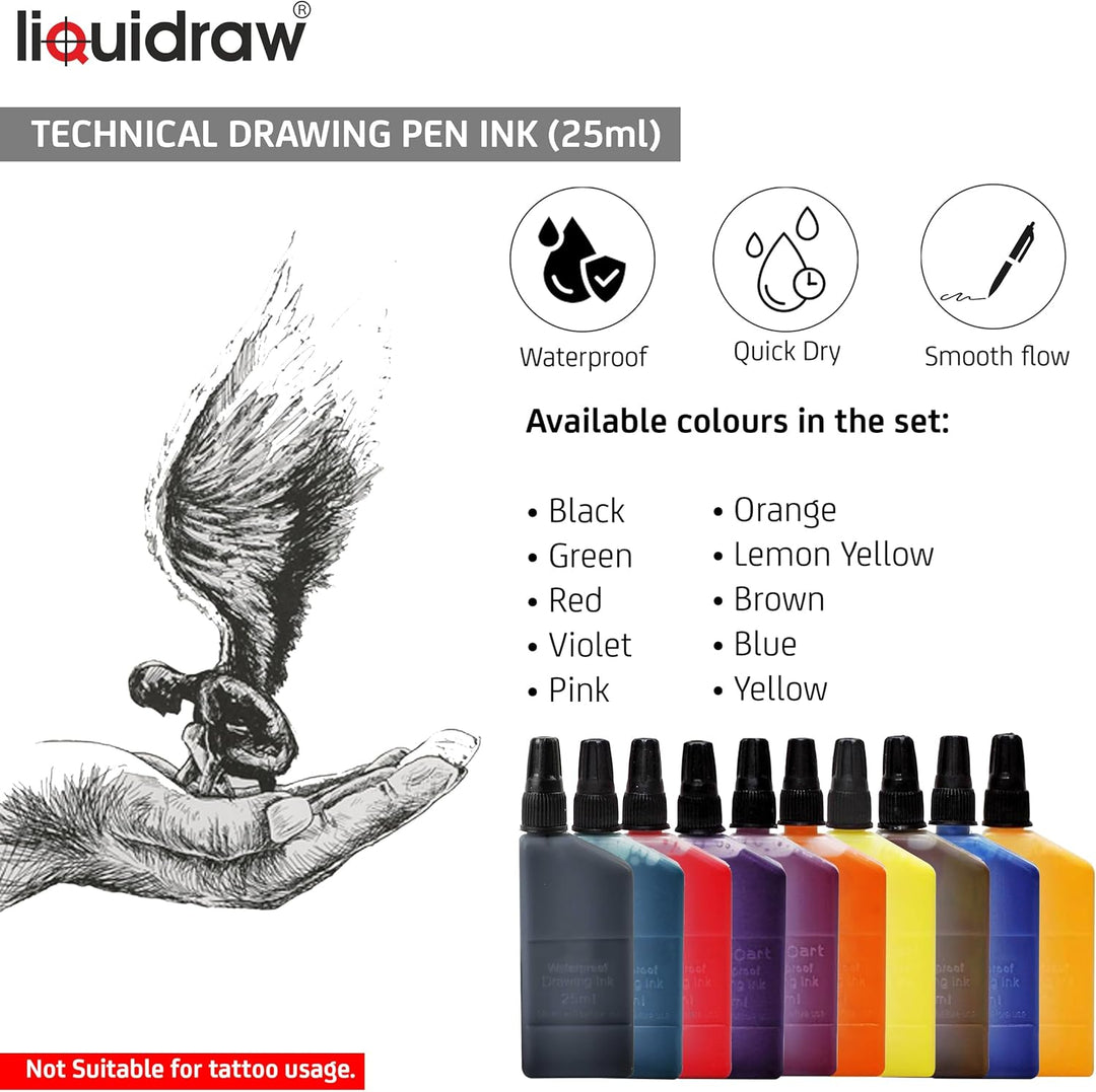Liquidraw Technical Pen wasserfeste Zeichentinte, 25 ml, verschiedene Farben (kompatibel mit Rotring