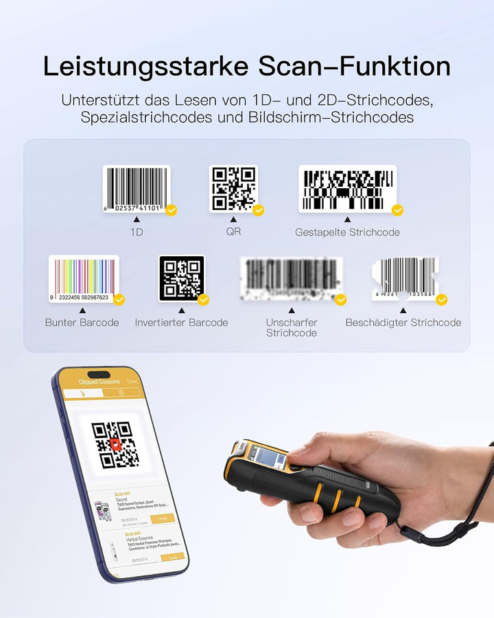 Inateck Barcode Scanner Bluetooth Kleine, 1D 2D QR Code Scanner Kabellos mit Bildschirm für Inventar