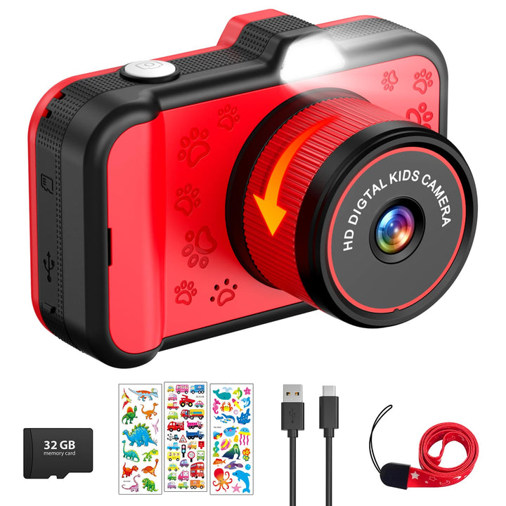 Kinderkamera mit 3,5" Grossem Display, 360° Drehbarem Zoomobjektiv, LED-Blitz & 32GB Karte Kinder vo
