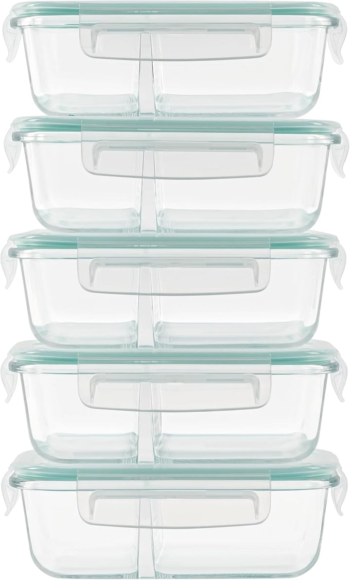 Winter Shore Meal Prep Boxen Glas mit 2 Fächern (5er-Pack) - Lebensmittelsichere, BPA-Freie, Auslauf