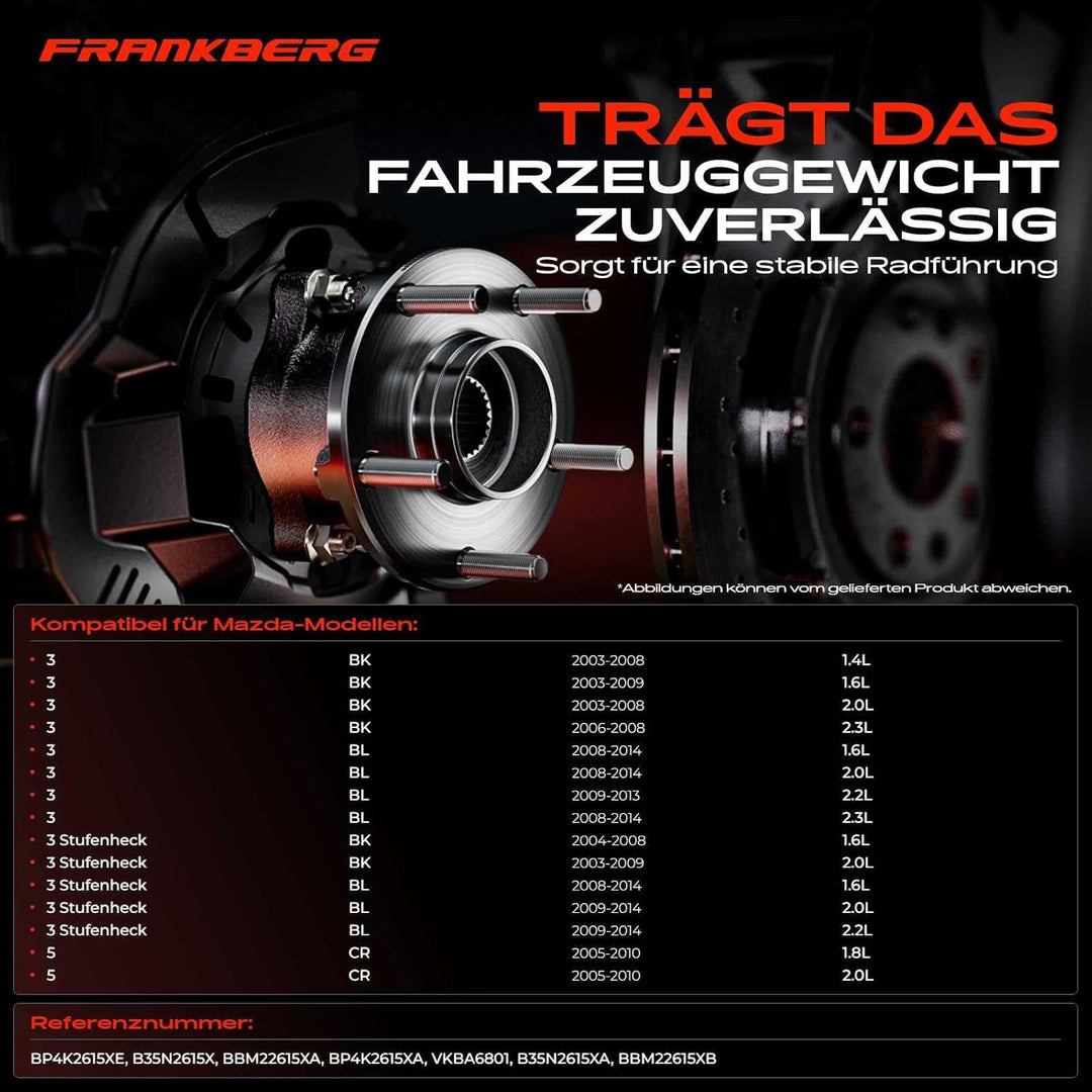 Frankberg 1x Radnabe Radlagersatz Hinterachse Kompatibel mit 3 BK 1.4L-2.3L 2003-2009 5 CR19 1.8L 2.