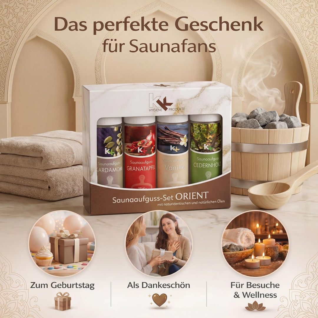 KK Saunaaufguss-Set"Orient" - Made in Germany - 4 verschiedene Duftsorten in einem Set - Kardamom, G