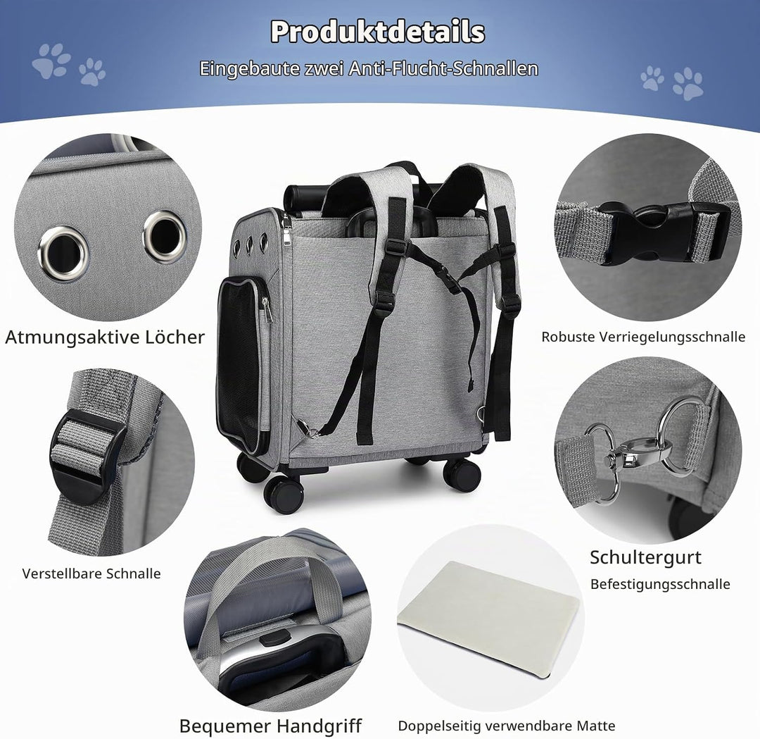 PETCUTE Katzenrucksack Hunderucksack mit Trolley 2 in 1 bis 11 kg,Faltbarer Hundetrolley mit 4 Räder