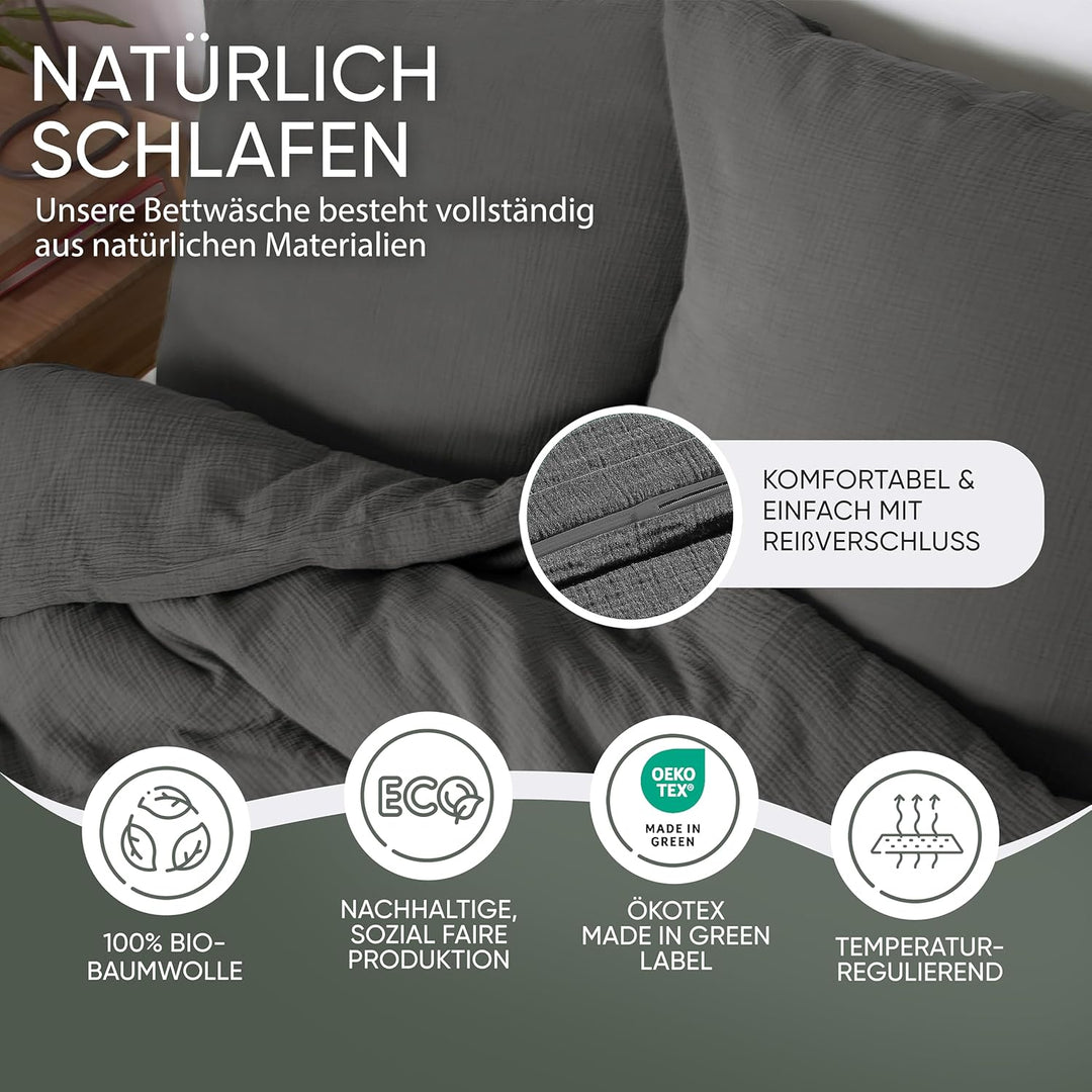 jilda-tex Bio-Bettwäsche Musselin Medina 100% Bio-Baumwolle Knitterlook Bügelfrei Uni Made in Green