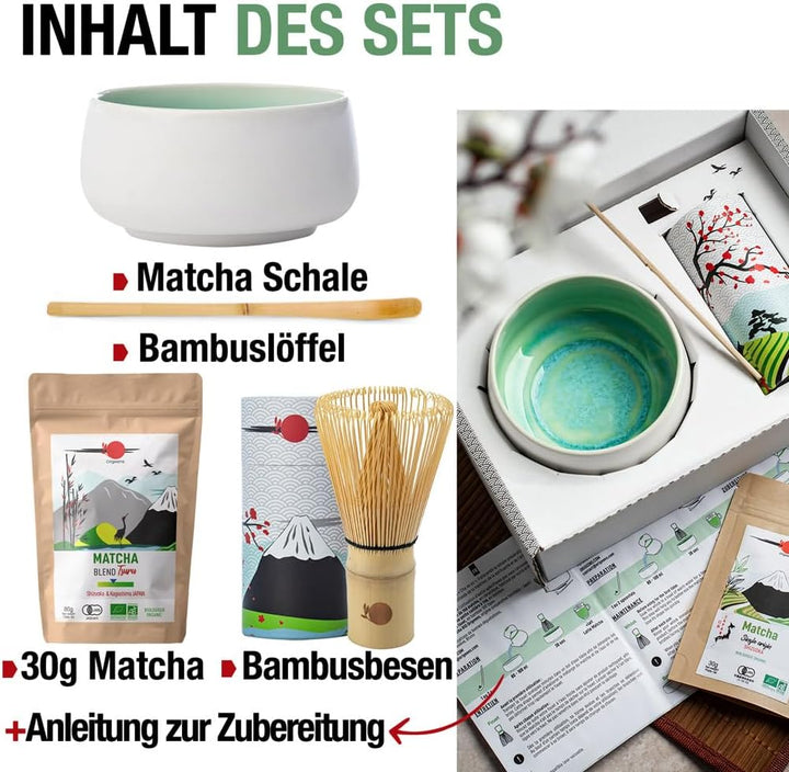 Origeens MATCHA TEE SET mit Matcha Besen, Matcha Schale aus Keramik, BIO Matcha Tee aus Japan | Hand