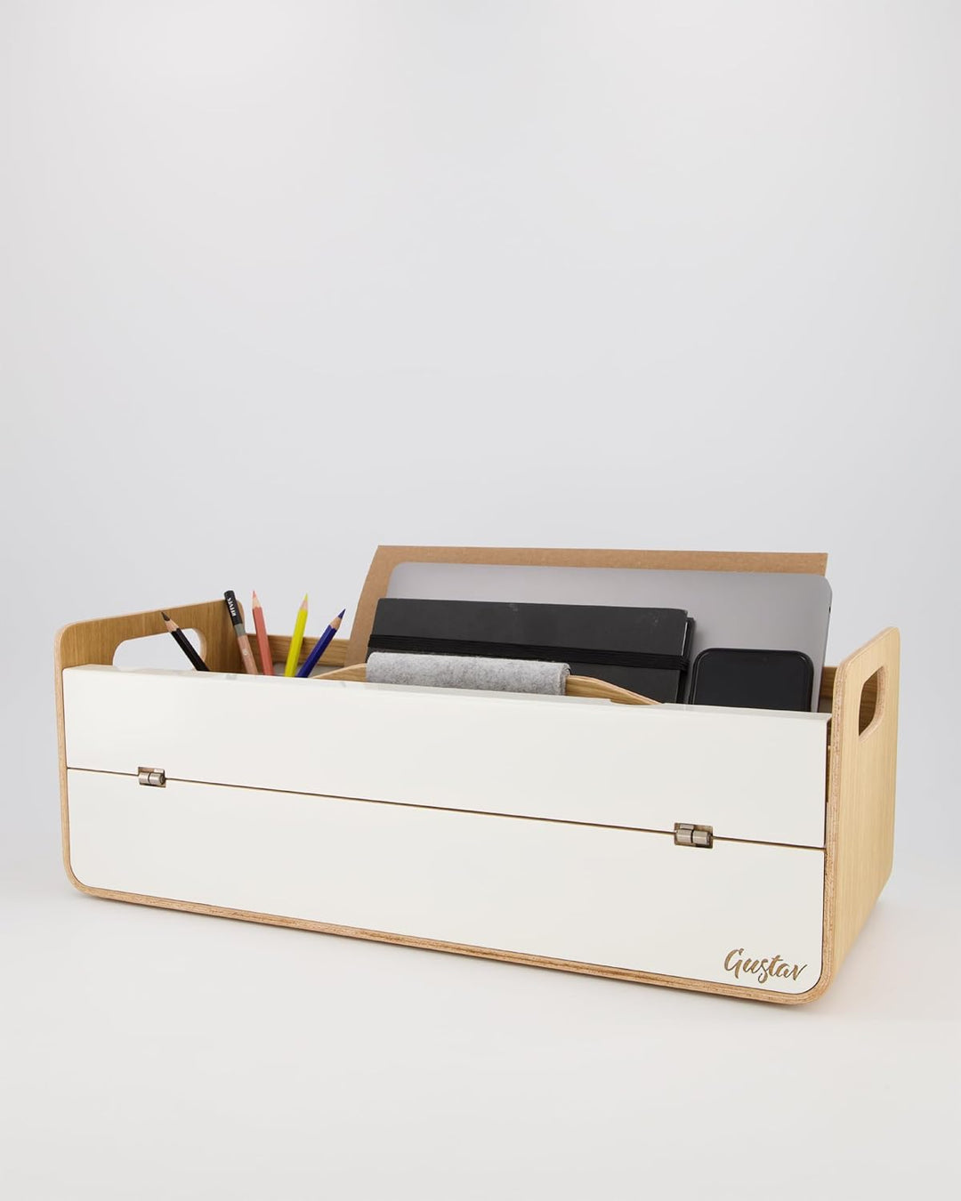 Gustav XL Laptopständer & Organizer aus Holz – Tragbarer Schreibtischaufsatz, ergonomisch, inkl. Han