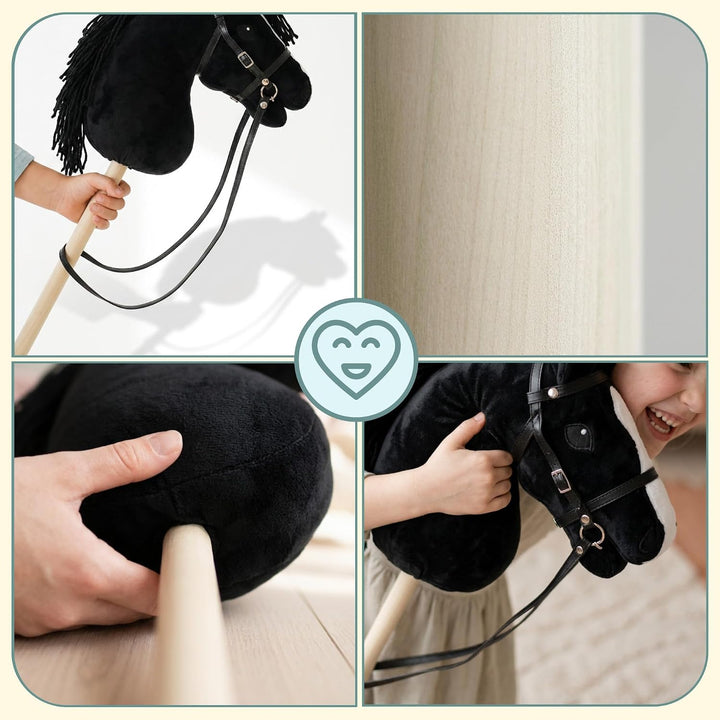 mamabrum Hobby Horse Schwarz Steckenpferd Kinder 68 cm | Steckenpferd mit Holzstab, abnehmbarem Zaum