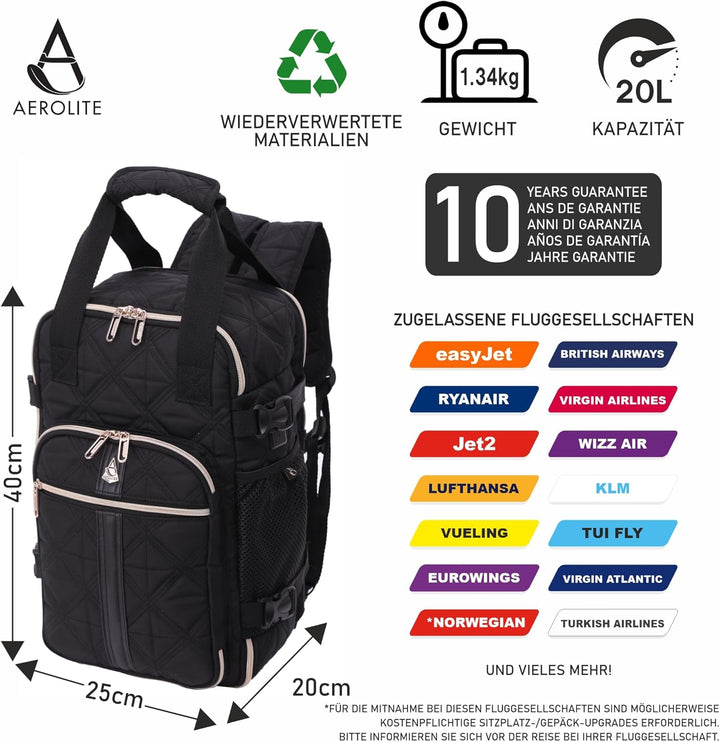Aerolite Ryanair Handgepäck, 40 x 20 x 25 cm, maximale Grösse, zugelassen, Reisegepäck, leicht, Schu