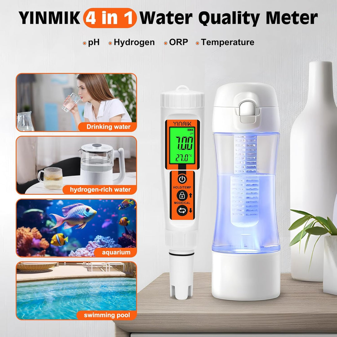 Wasserstoff Wassertester, YINMIK Wasserstoff Wasserflasche, Digitales 4 in 1 pH ORP Messgerät und Wa