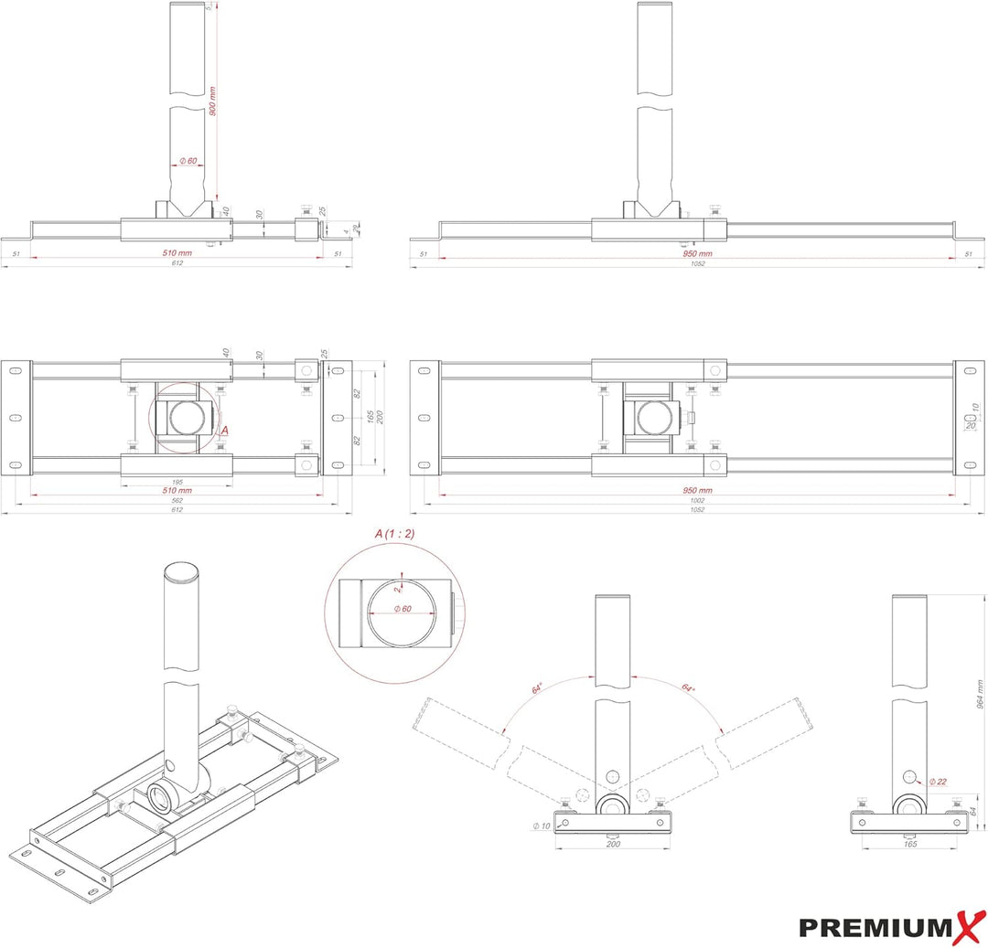 Premium X Deluxe X90-60 Dachsparrenhalter 90 cm Mast Ø 60 mm Sparrenhalter SAT Dach-Halterung feuerv