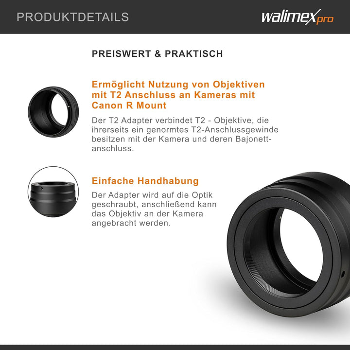 Walimex pro T2 Adapter für Canon R - Adapterring mit manuellem Fokus, einfache Handhabung, Objektiv-