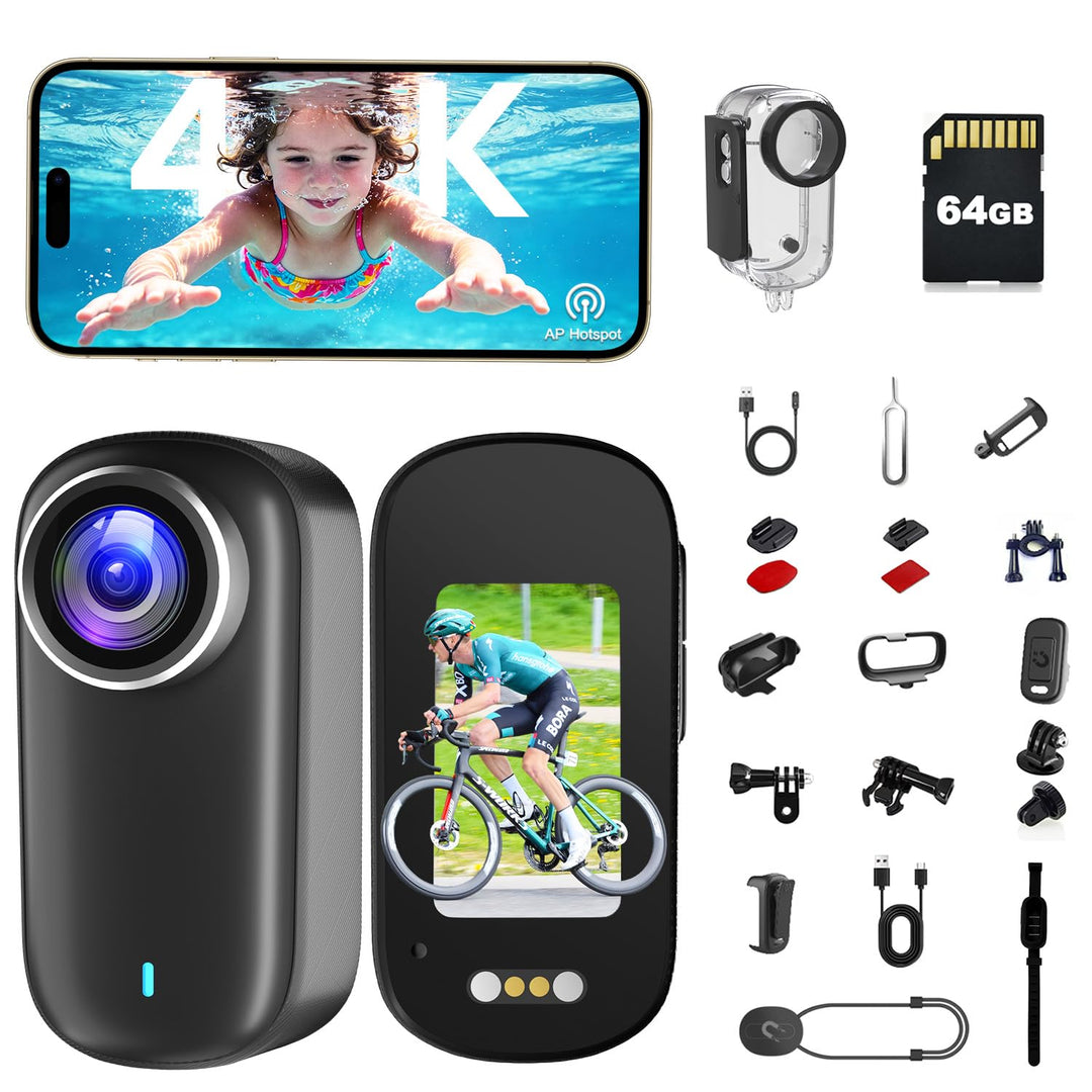 Bodycam, Mini Action Cam 4K mit Display, Wasserdicht WiFi Bodycam Körperkamera Mini mit 64GB Karte,