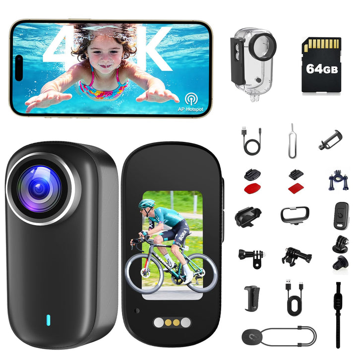 Bodycam, Mini Action Cam 4K mit Display, Wasserdicht WiFi Bodycam Körperkamera Mini mit 64GB Karte,