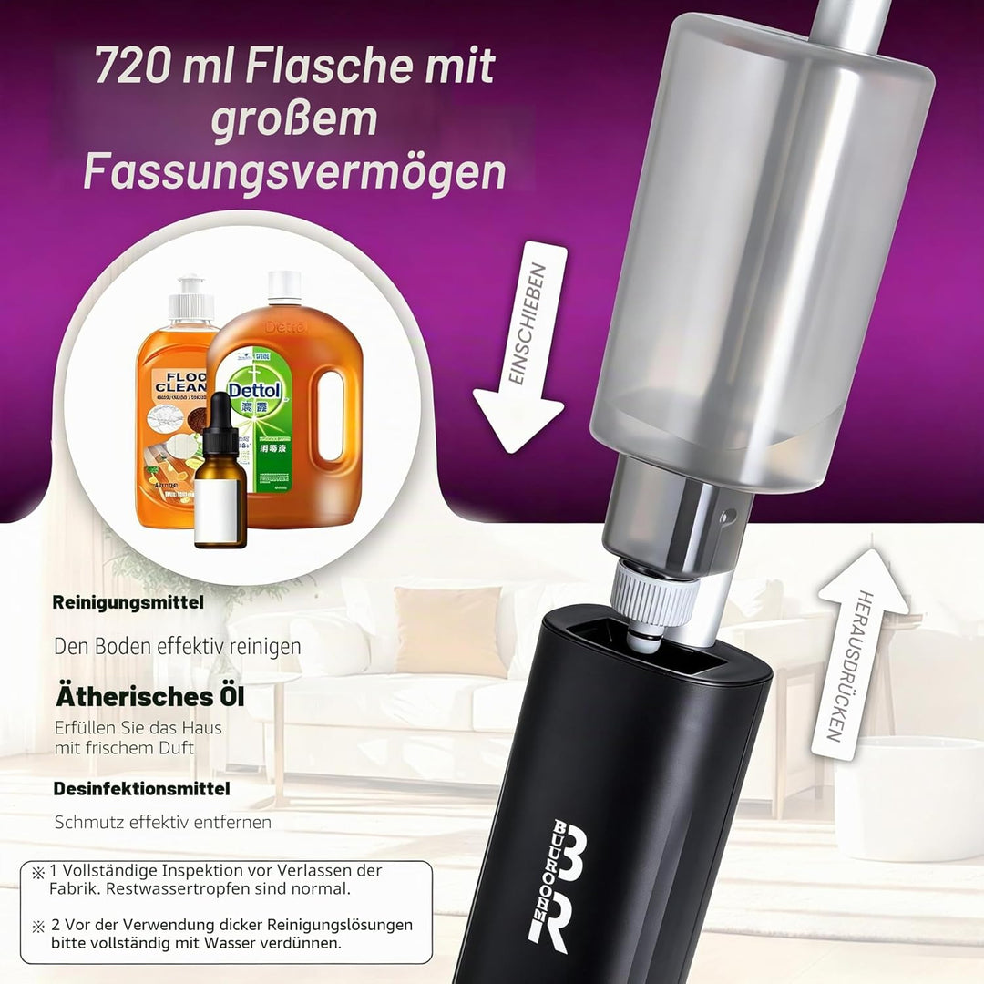 Elektrischer Sprühwischer Bodenreiniger Starter Set mit 2 Reinigungspads, 700ml Flasche & Schaber, 3