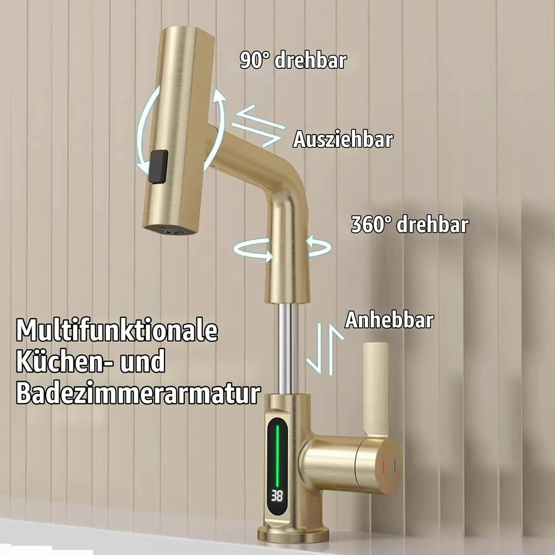 Wasserhahn Bad/Küche mit Ausziehbar Brause, LED Temperaturanzeige Waschtischarmatur Badezimmer mit 3