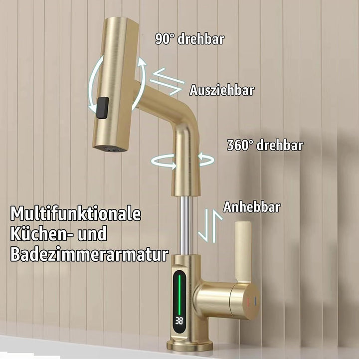 Wasserhahn Bad/Küche mit Ausziehbar Brause, LED Temperaturanzeige Waschtischarmatur Badezimmer mit 3