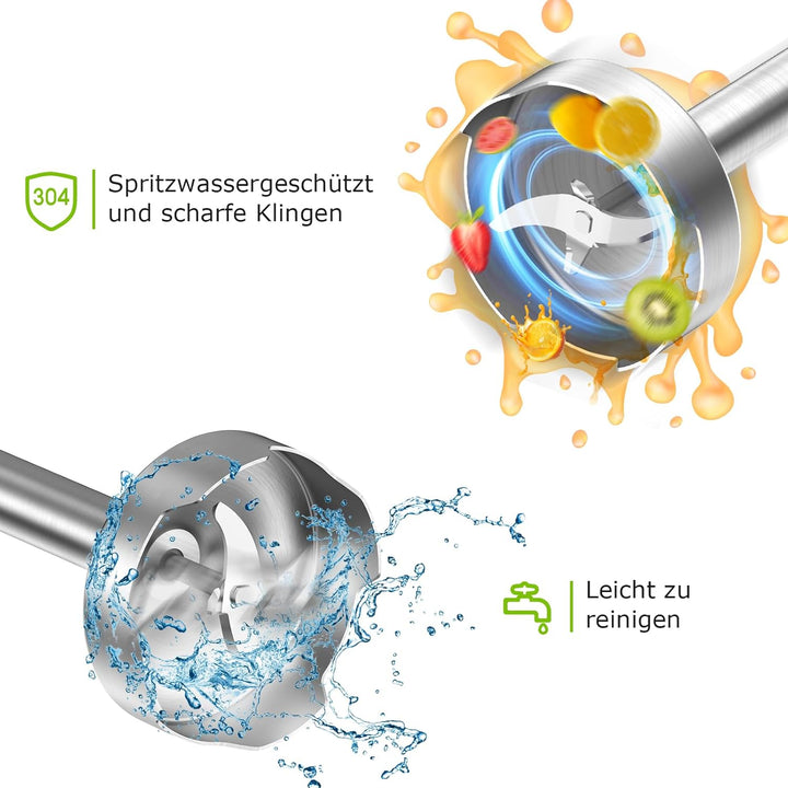 Bonsenkitchen 3 in 1 Elektrischer Stabmixer, 1000W Pürierstab mit Schneebesen/Messbecher, Stufenlose