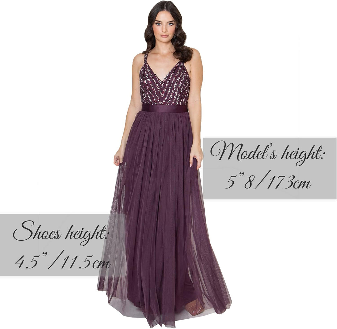 Maya Deluxe Damen Maxi Abendkleid Elegant für Hochzeit mit V-Ausschnitt Tüllkleid Schleife Brautjung
