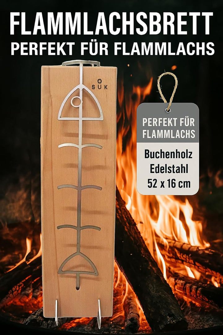 SOUK ONE Flammlachsbrett aus Buche Holz/Edelstahl – Rostfrei, Verstellbare Halterung, Perfekt für Fe