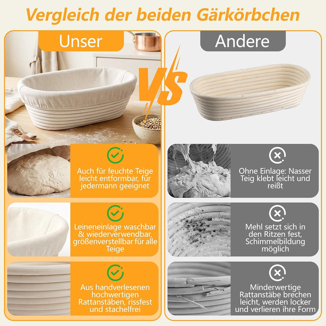 Gärkörbchen Oval 28x14x8 cm aus Natur-Rattan – Brot Gärkorb mit Leineneinsatz, Perfekt zum Gären von