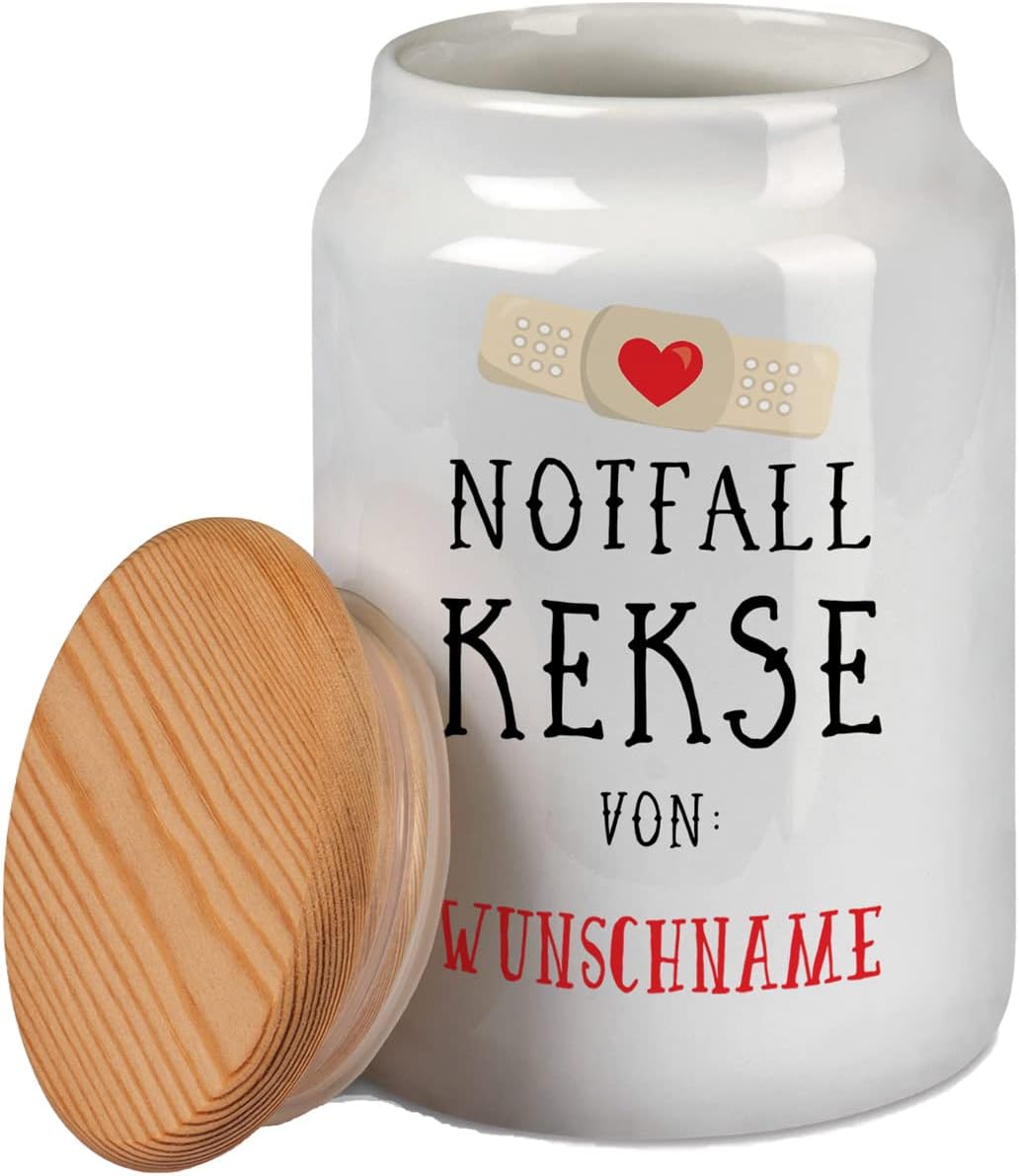 Sunnywall personalisierbare Notfall Keksdose mit Wunschname - Keramik weiss mit Echtholzdeckel 700 m