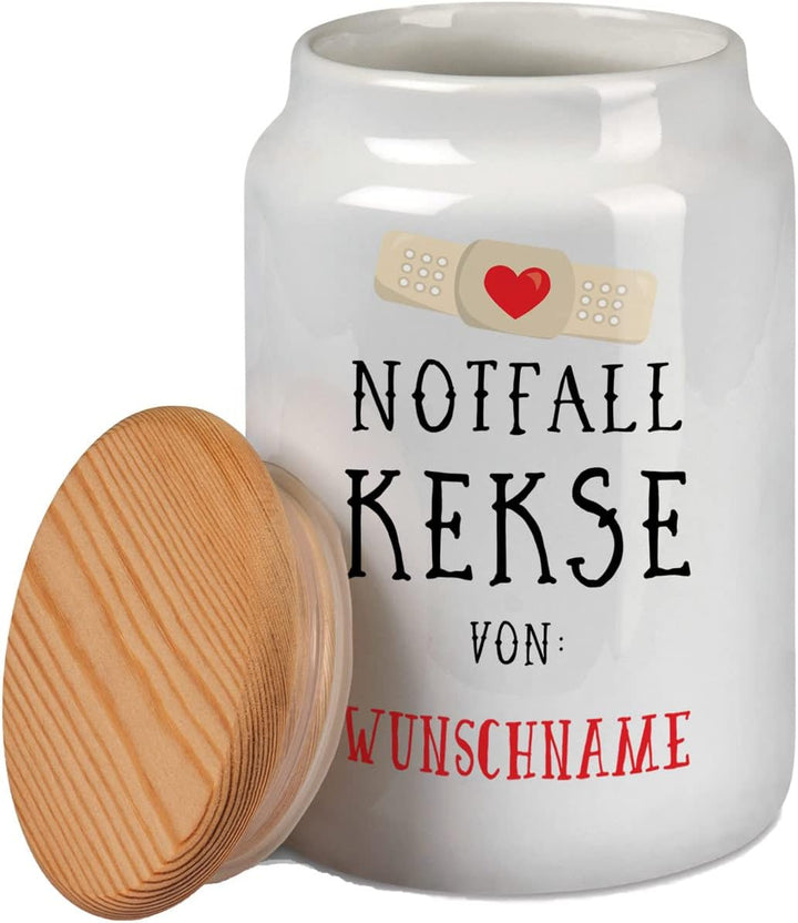 Sunnywall personalisierbare Notfall Keksdose mit Wunschname - Keramik weiss mit Echtholzdeckel 700 m