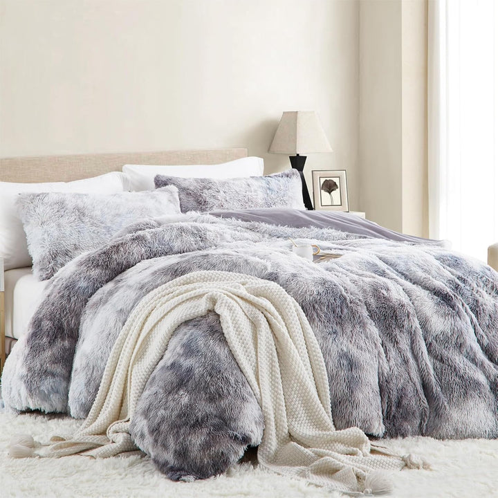 Freyamy Plüsch Bettwäsche 200x220cm Grau Langhaar Flauschig Warm Wendebettwäsche Flanell Samt Biber