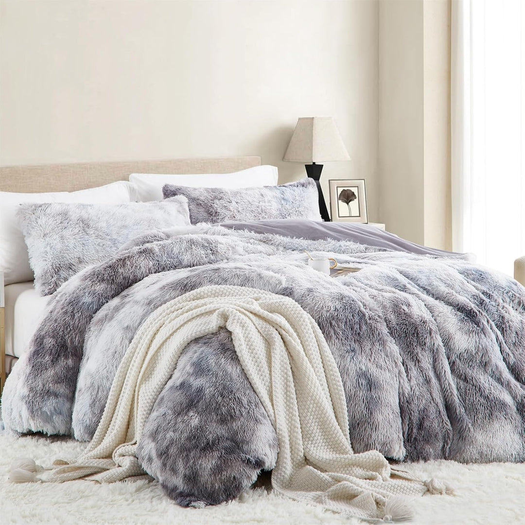 Freyamy Plüsch Bettwäsche 200x220cm Grau Langhaar Flauschig Warm Winterbettwäsche Flanell Samt Biber