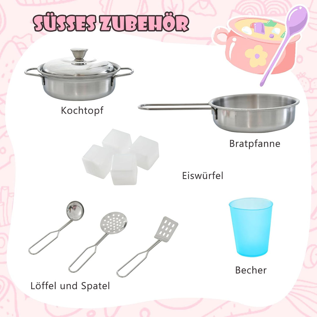 COSTWAY Kinderküche mit 10 Spielzubehör, Spielküche Kinder mit Tafel, Spielzeugküche mit Mikrowelle