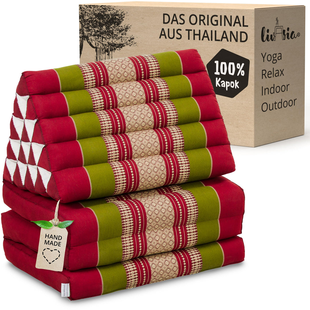 livasia Thaikissen 3 Auflagen extrahoch - 185x55x8cm - Dreieckskissen mit Klappmatratze, Kapok, Jumb