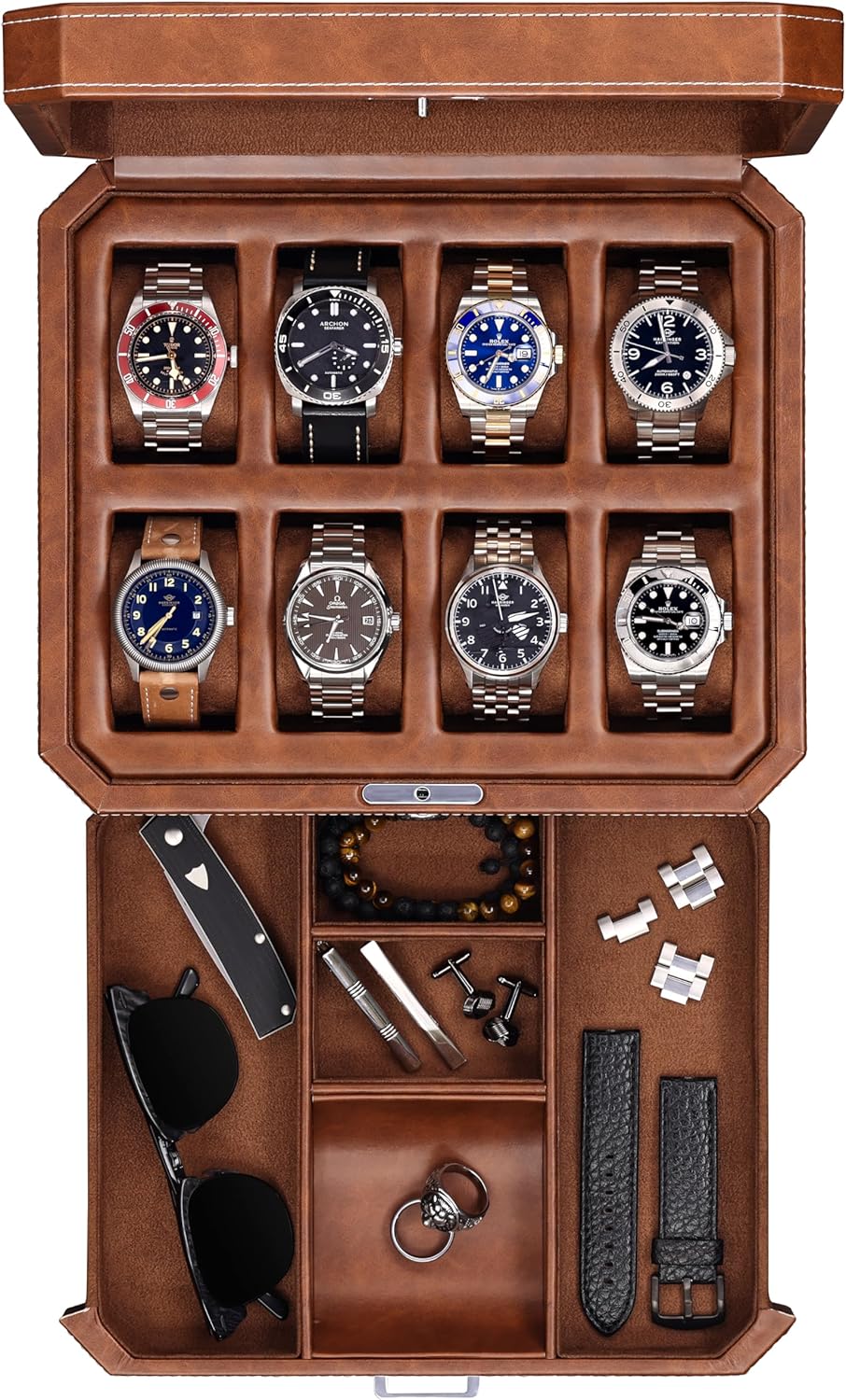 ROTHWELL Uhrenbox aus Leder mit 8 Schlitzen und Aufbewahrungsschublade – Luxus-Uhrengehäuse, Schmuck