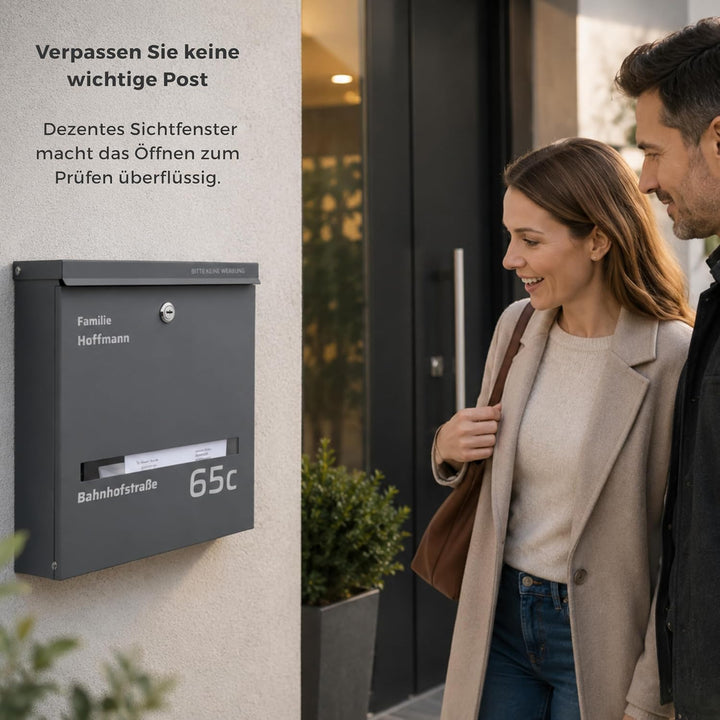 Briefkasten Anthrazit personalisierbar I Moderner Postkasten inkl. Sichtfenster I Langlebiger Briefk