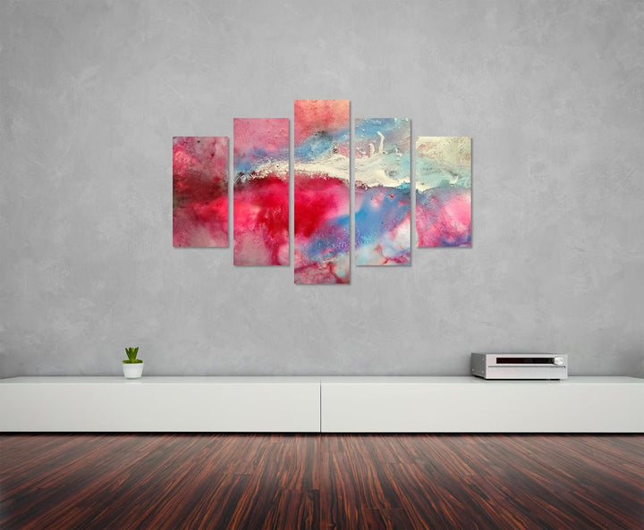 Sinus Art Wandbild 5 teilig Breite 150cm x Höhe 100cm Handgemaltes buntes Aquarell auf Leinwand für