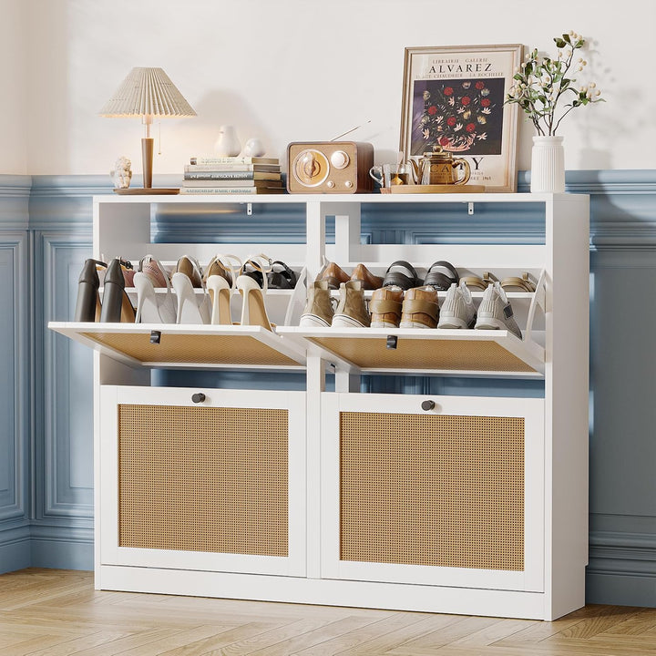 Rattan Schuhkipper mit 4 Klappen, Schuhkommode Flur Schmal, Natürliches Rattan Schuhschrank Schmal f