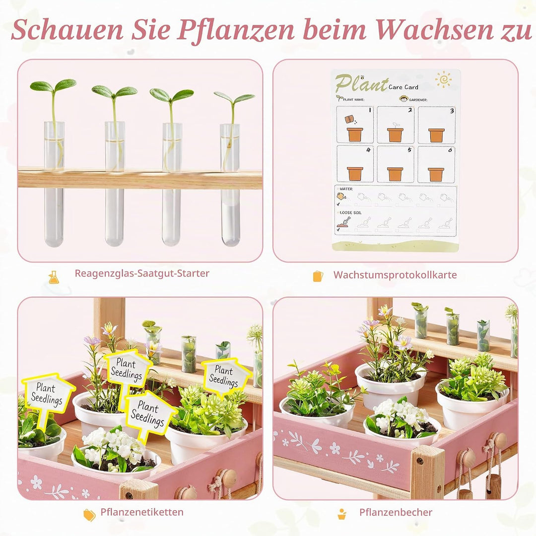 ROBUD Gartenwerkzeug Kinder mit Holzwagen, Gartenset mit Giesskanne, Schaufel, Handrechen, Pflanztöp