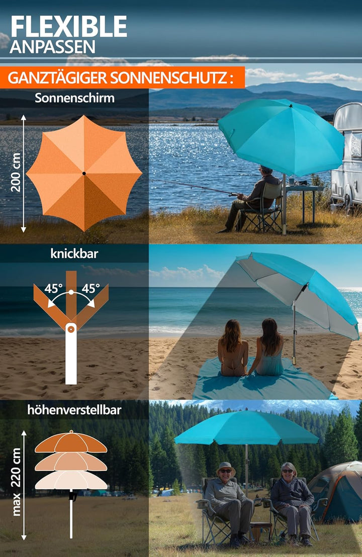 4smile Sonnenschirm Strand SunnyJoy Ø 2 m, Türkis – 3er Set inkl. Strandschirm windfest stabil, Rase
