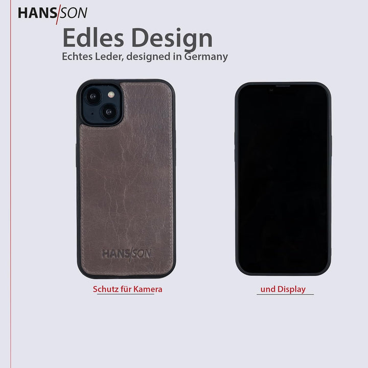HANS/SON Echtlederhülle in Grau | iPhone 13 Pro Ledercase | Schutz vor Stürzen und Stössen | Magsafe