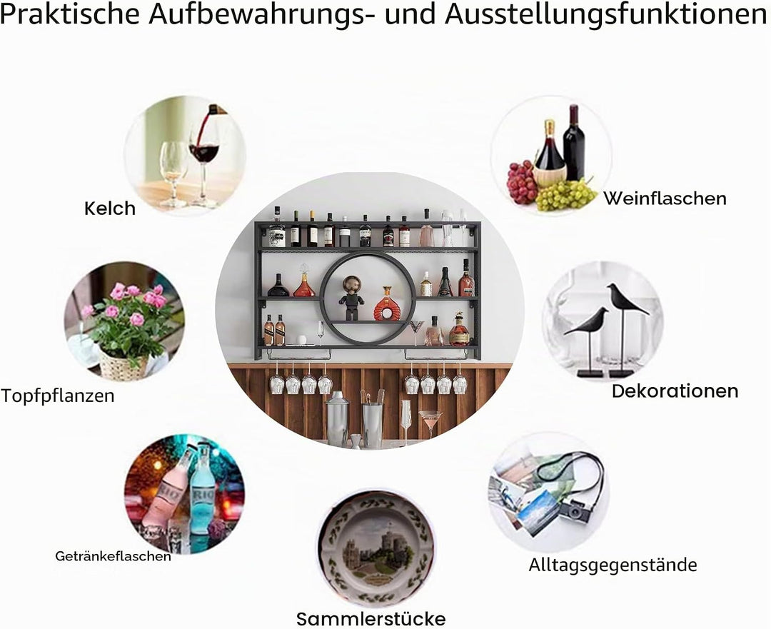 Weinregal Wand Metall Flaschenregal Schmal Wine Rack Bar Regal Wand mit Weinglashalter Getränkeregal