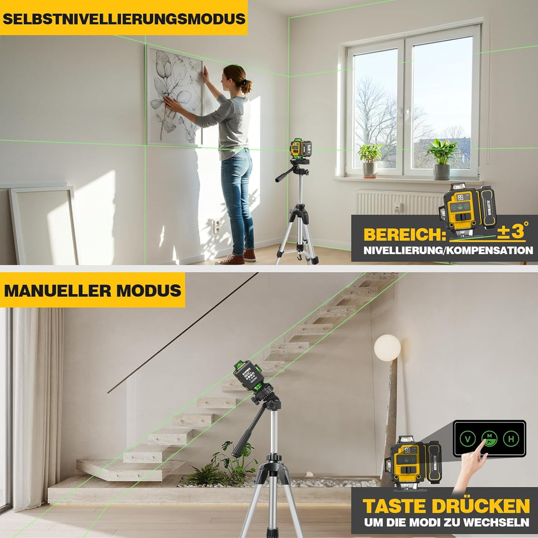 Alloyman Kreuzlinienlaser mit Stativ, 4×360°Laser Wasserwaage, 4D Selbstnivellierend Grün Linienlase