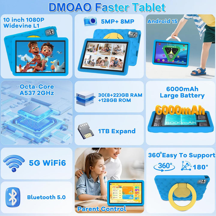 DMOAO Kinder Tablet 10 Zoll Android 15 mit 30GB RAM + 64GB ROM(2TB), 5G WLAN 6, Widevine L1, Elterli