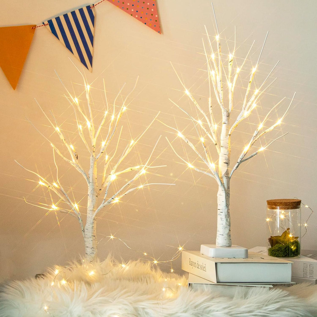 DELICHTER 2er Set Lichterbaum mit 24 Warmweissen LEDs Birken Bäumchen mit Timer-Funktion Dekozweige