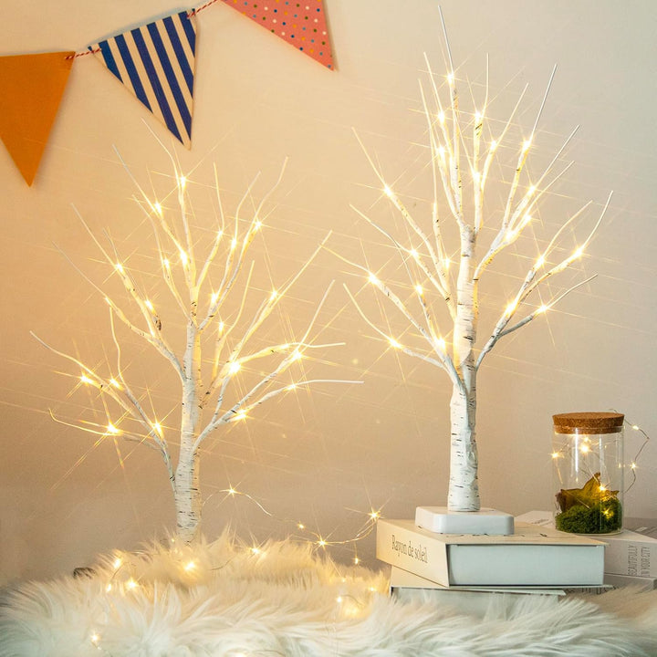 DELICHTER 2er Set Lichterbaum mit 24 Warmweissen LEDs Birken Bäumchen mit Timer-Funktion Dekozweige